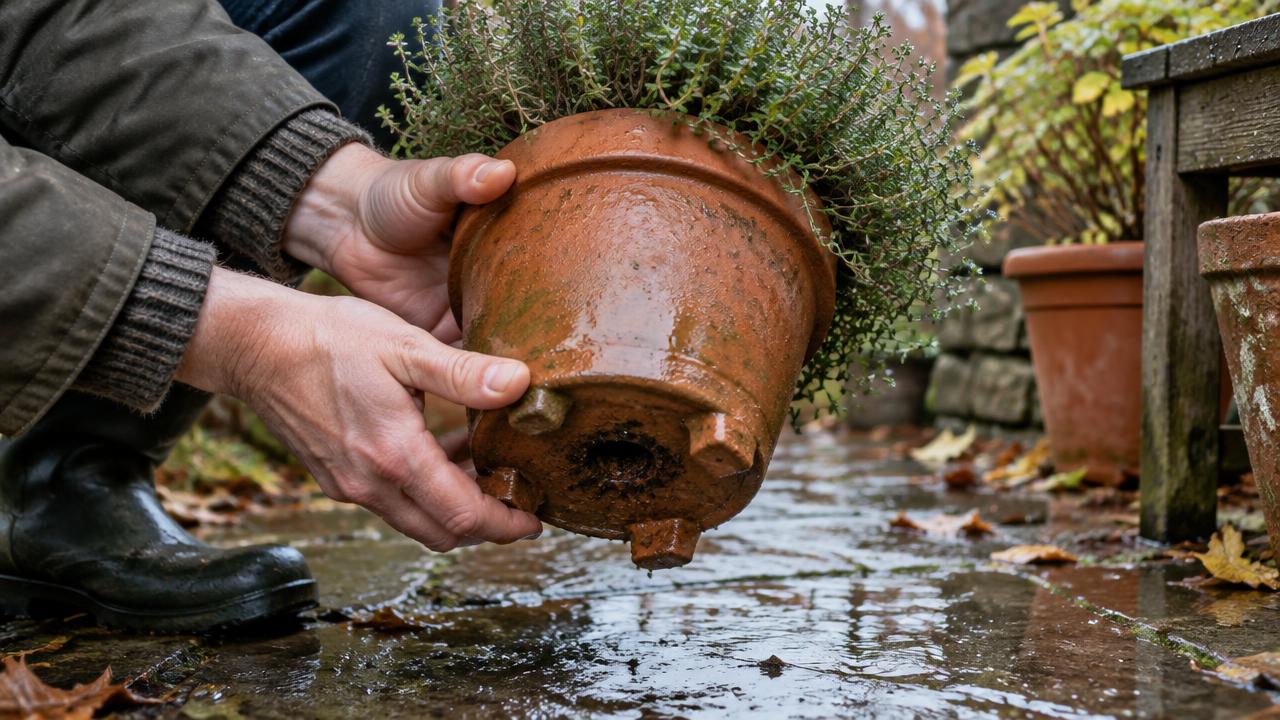 Hands lifting a terracotta pot of thyme to check its drainage holes
