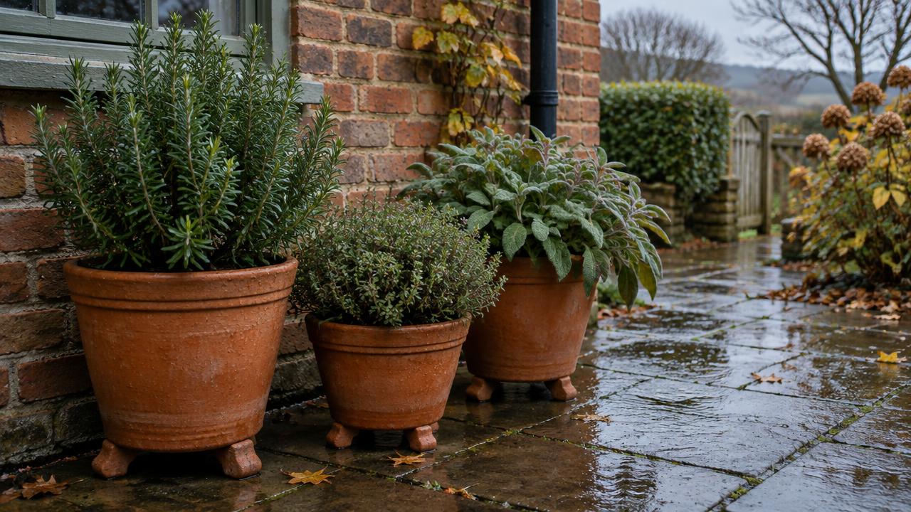 Pots of rosemary, thyme and sage raised on pot feet against a sheltered house wall on a wet patio in late autumn