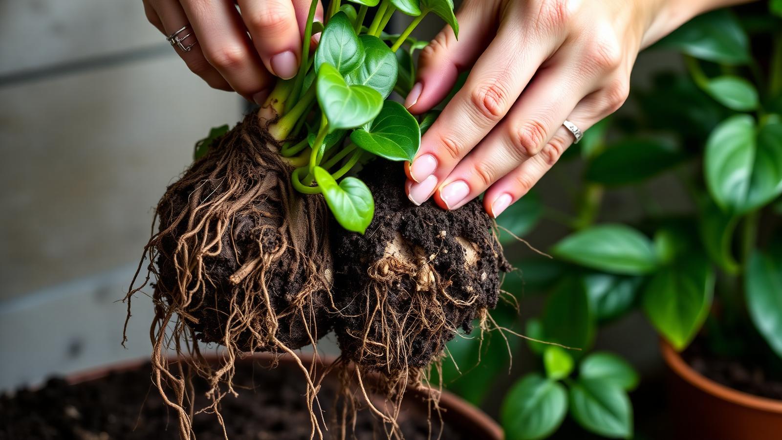 A root-bound houseplant lifted from its pot and being teased apart into two rooted sections