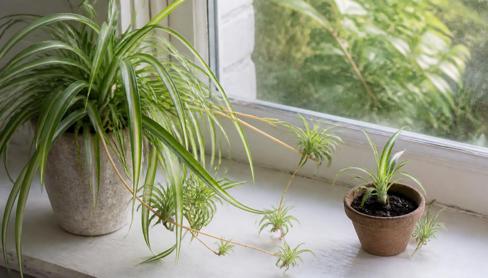 A spider plant on a windowsill with baby plantlets on arching stems, one plantlet potted up in compost beside the parent