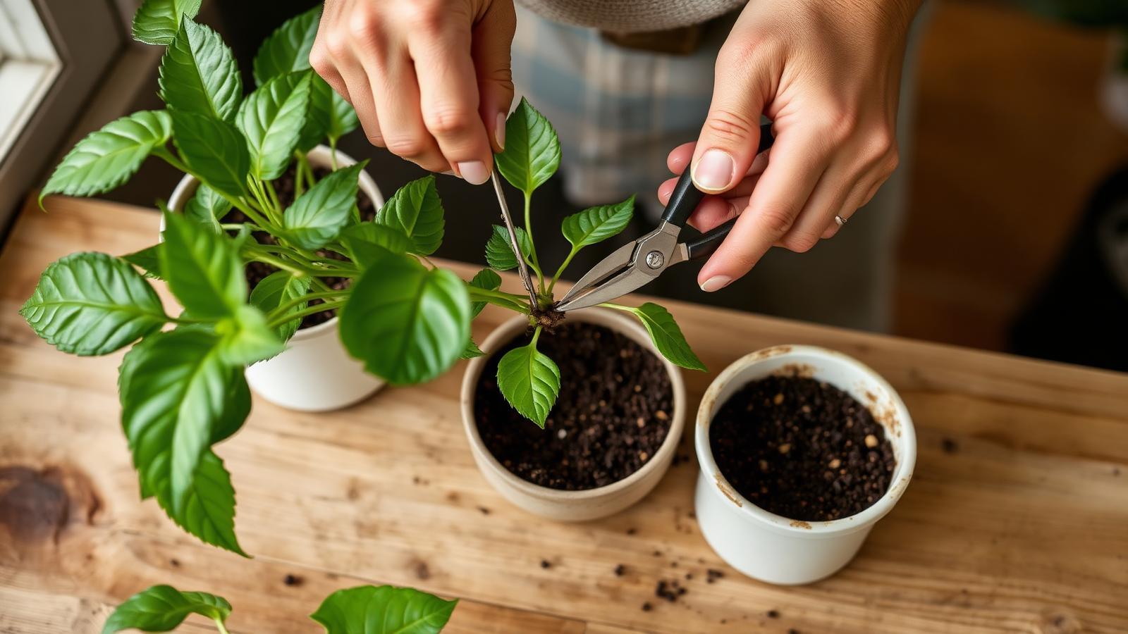 Hands using clean secateurs to take a stem cutting just below a leaf node, with a pot of compost ready alongside