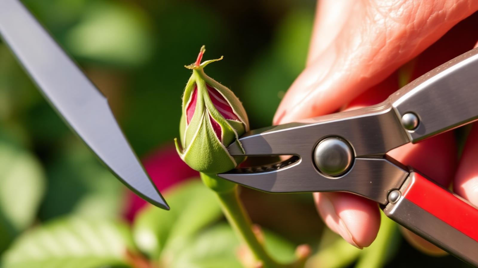Bypass secateurs making a precise angled cut on a rose stem just above an outward-facing leaf bud