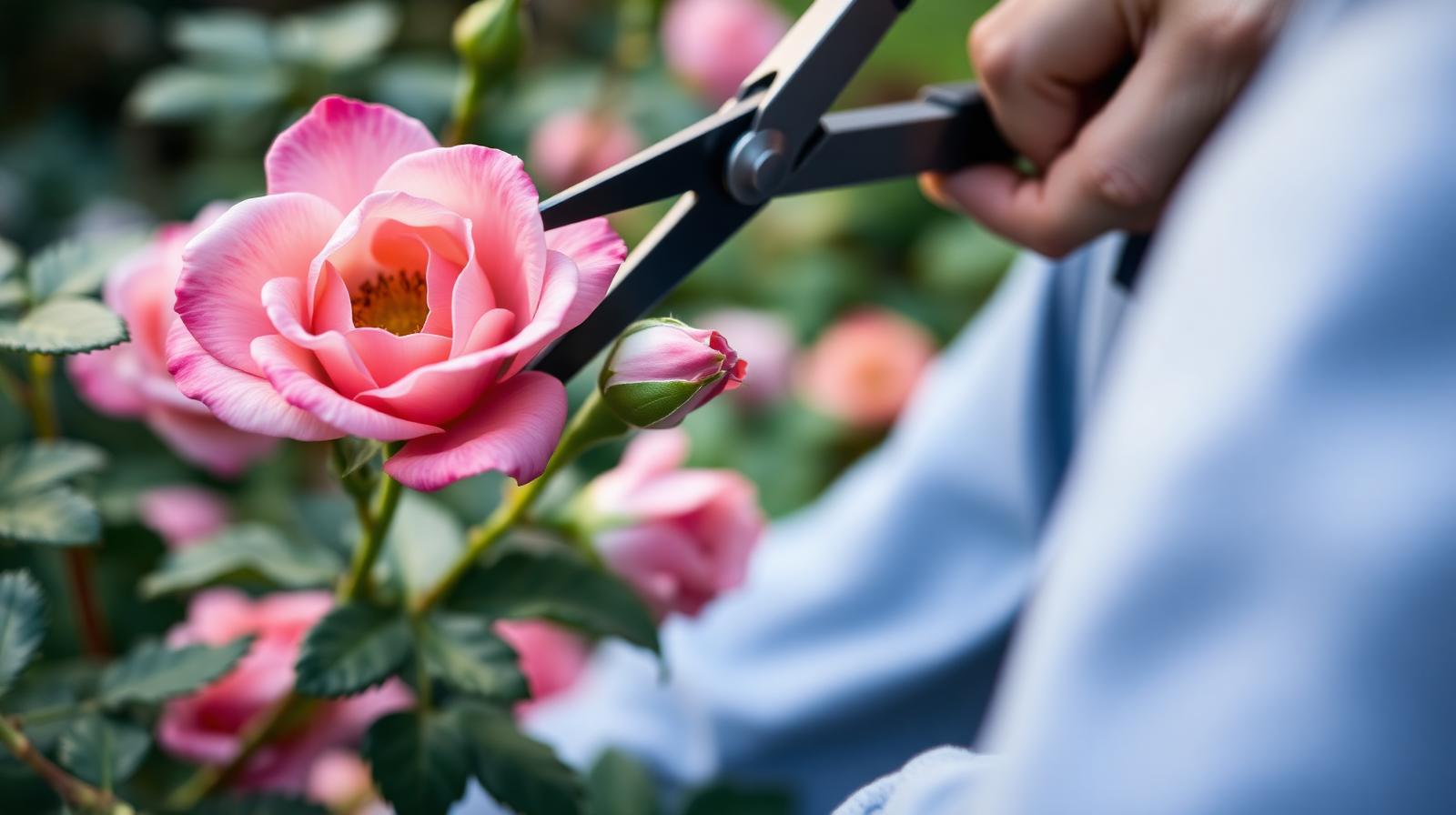 Gardener deadheading a faded pink rose bloom with bypass secateurs in soft summer light