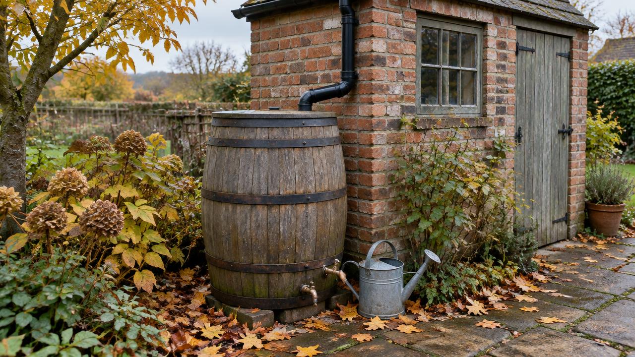 A wooden water butt fed by a shed downpipe, with a watering can and fallen leaves in autumn
