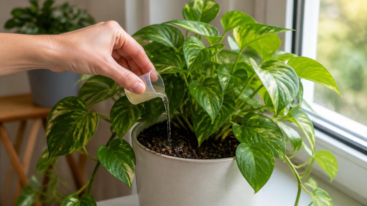 A hand pouring diluted liquid houseplant feed from a small measuring cup onto the compost of a leafy pothos on a windowsill