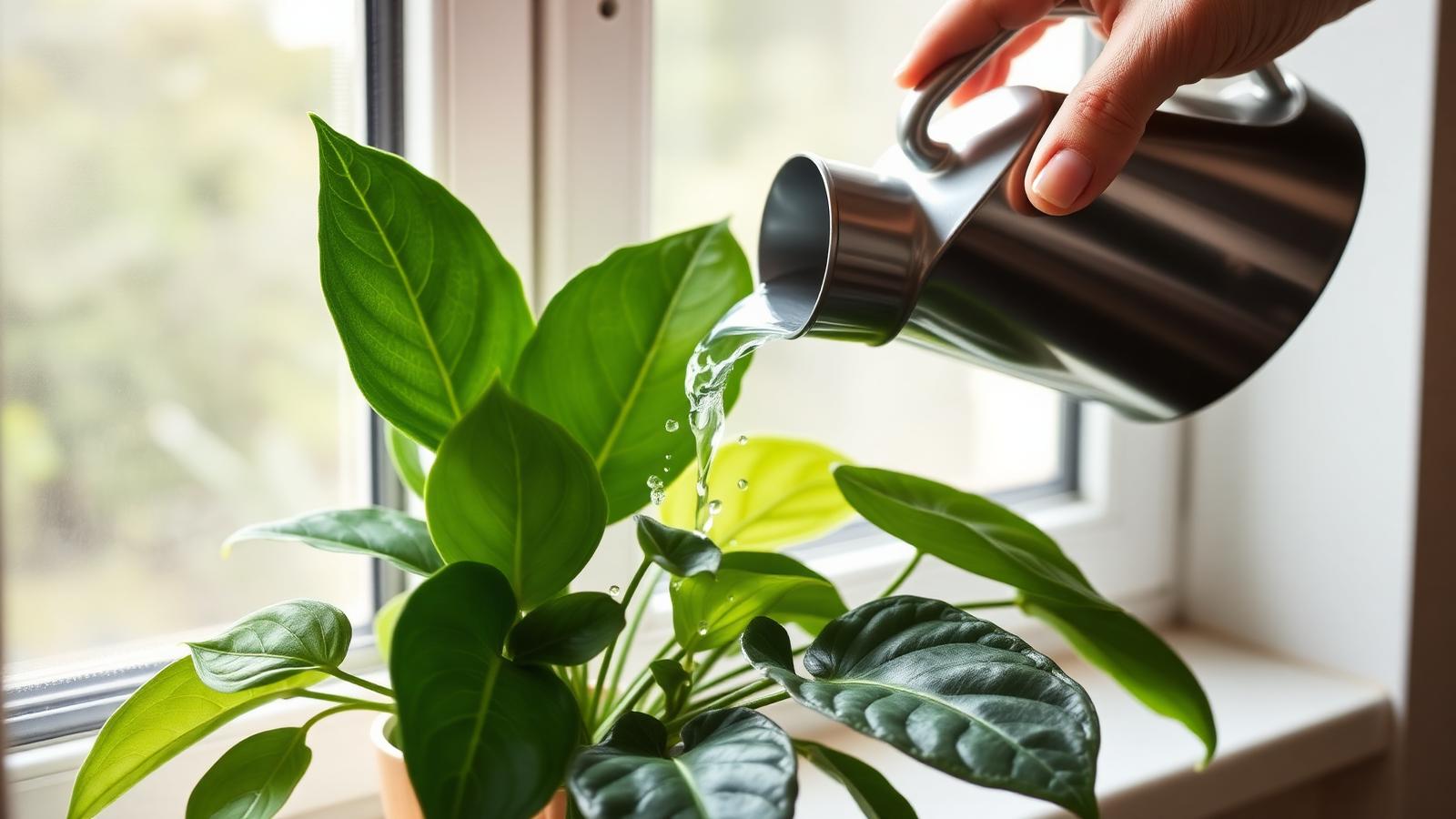 A leafy houseplant on a windowsill being fed with a small watering can of diluted liquid feed