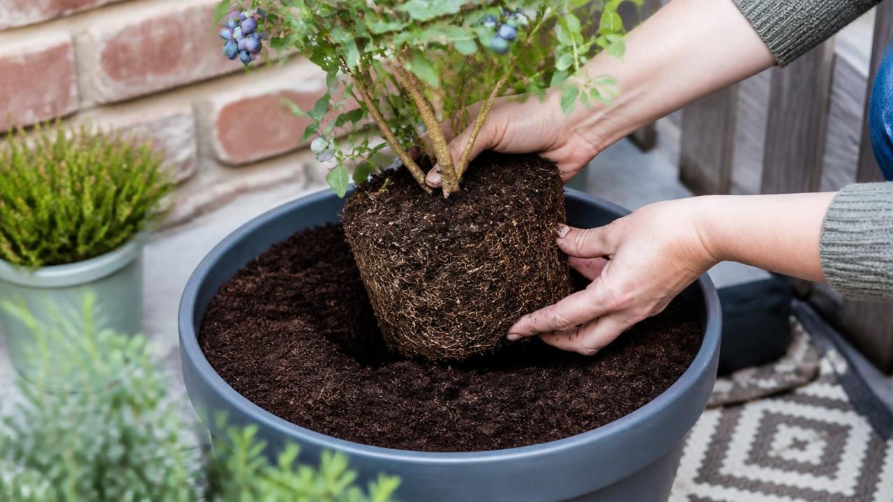 A blueberry plant being planted into fresh peat-free ericaceous growing medium in a large patio container