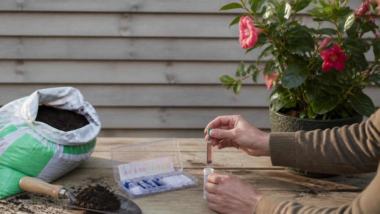 A simple soil pH testing kit in use on a potting bench beside a bag of peat-free ericaceous compost and a healthy camellia in a container