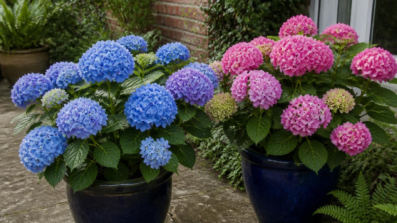 Two mature mophead hydrangeas in separate patio containers, one blue and one pink, in a small British garden