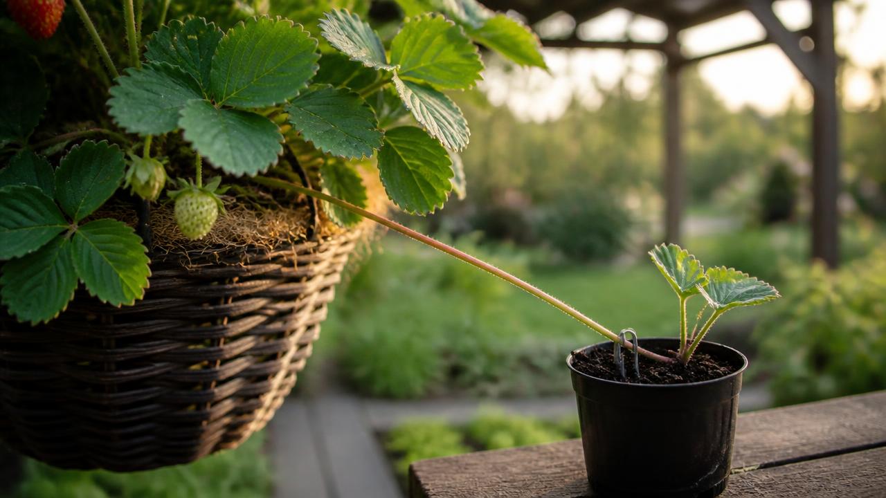 A strawberry runner plantlet pegged down into a small pot of fresh compost, still attached to the parent plant