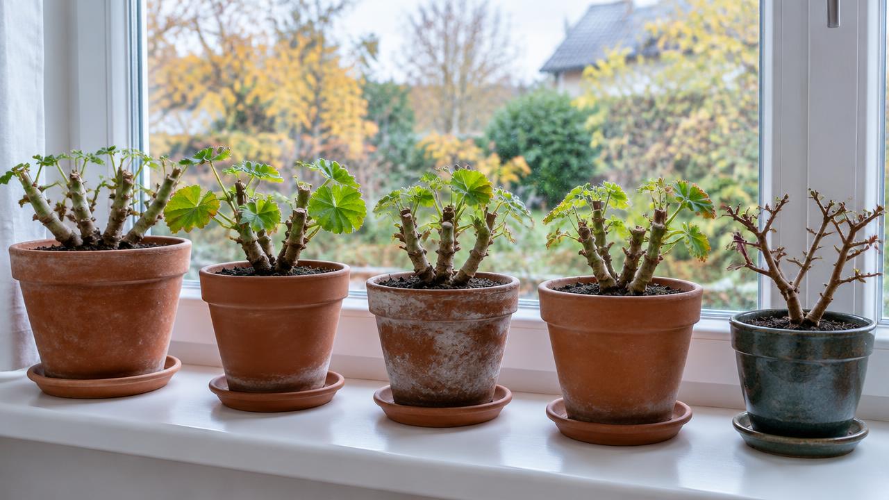 Pelargoniums and a fuchsia cut back in pots on a cool, bright windowsill