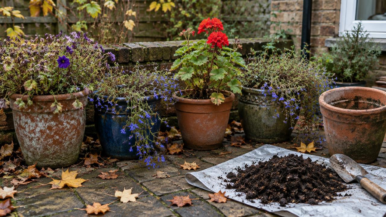 Faded summer bedding and a pelargonium in terracotta pots on a patio in late October, with a trowel and an empty pot beside them