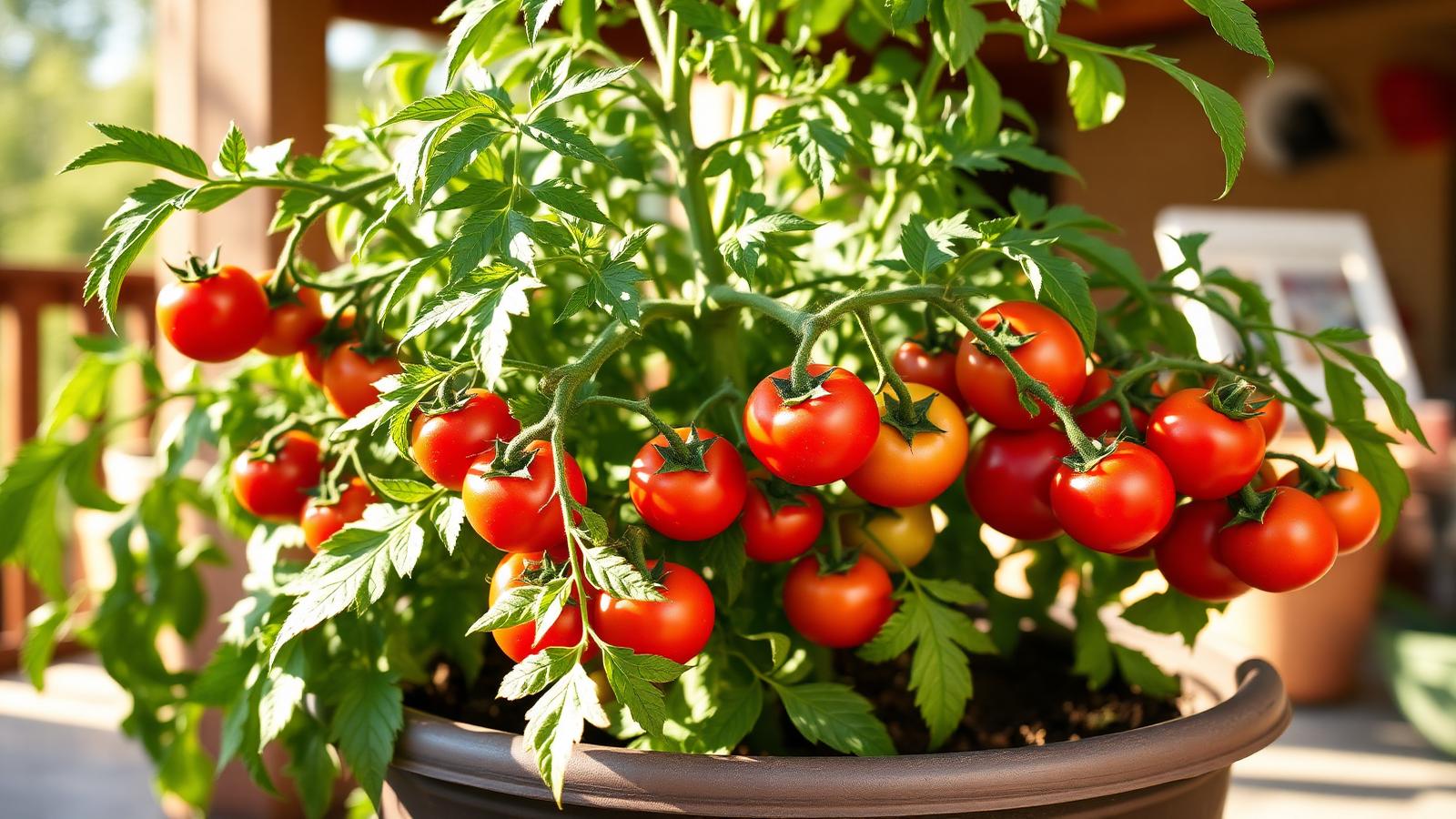 A healthy tomato plant in a large container on a sunny patio, clusters of ripening red and green tomatoes among the foliage