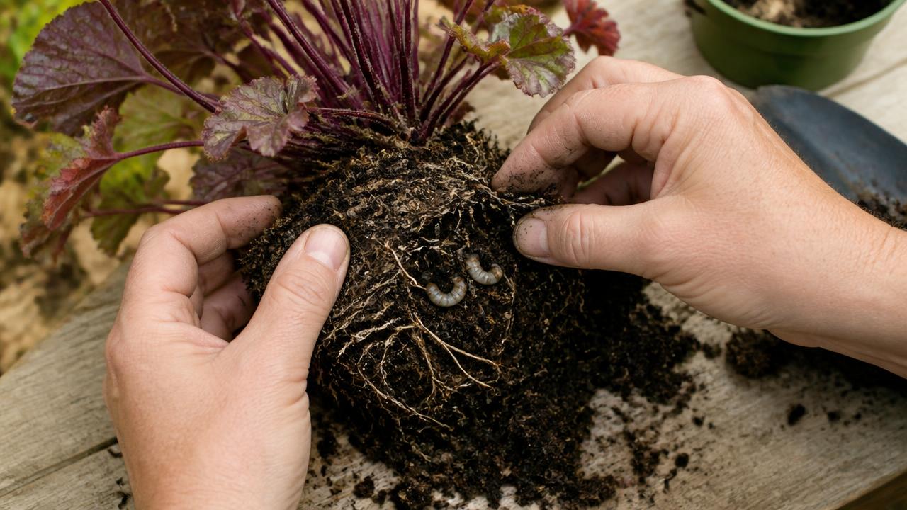 Hands gently teasing apart the outer compost of a tipped-out container plant to inspect roots for creamy C-shaped vine weevil larvae