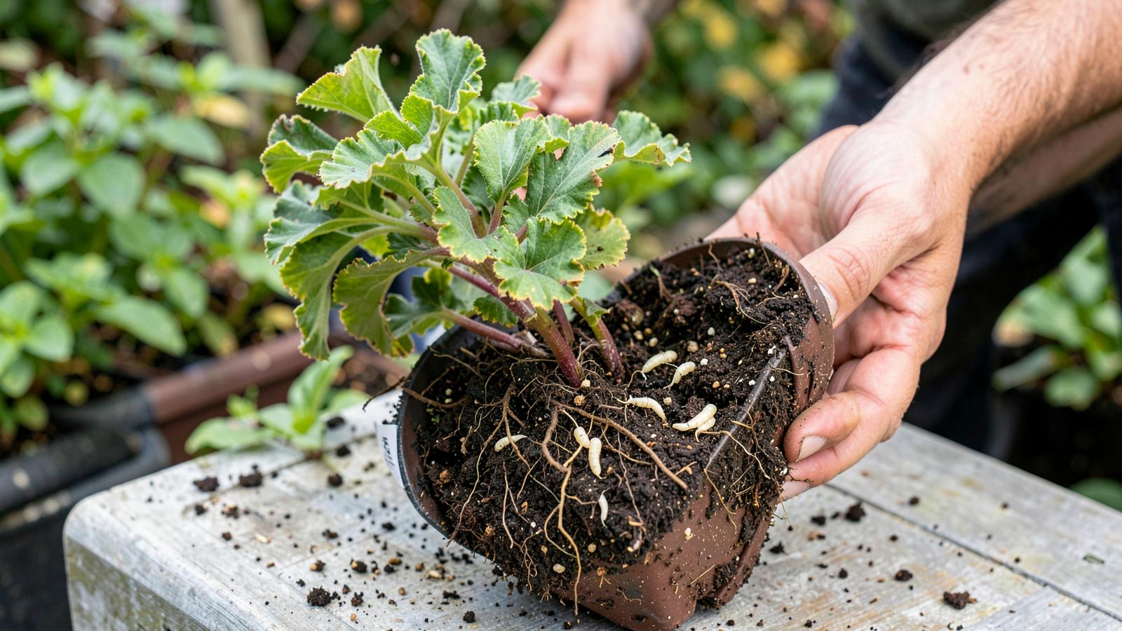 A heuchera tipped out of its pot on a potting bench, with cream-white C-shaped vine weevil larvae visible among the roots and compost