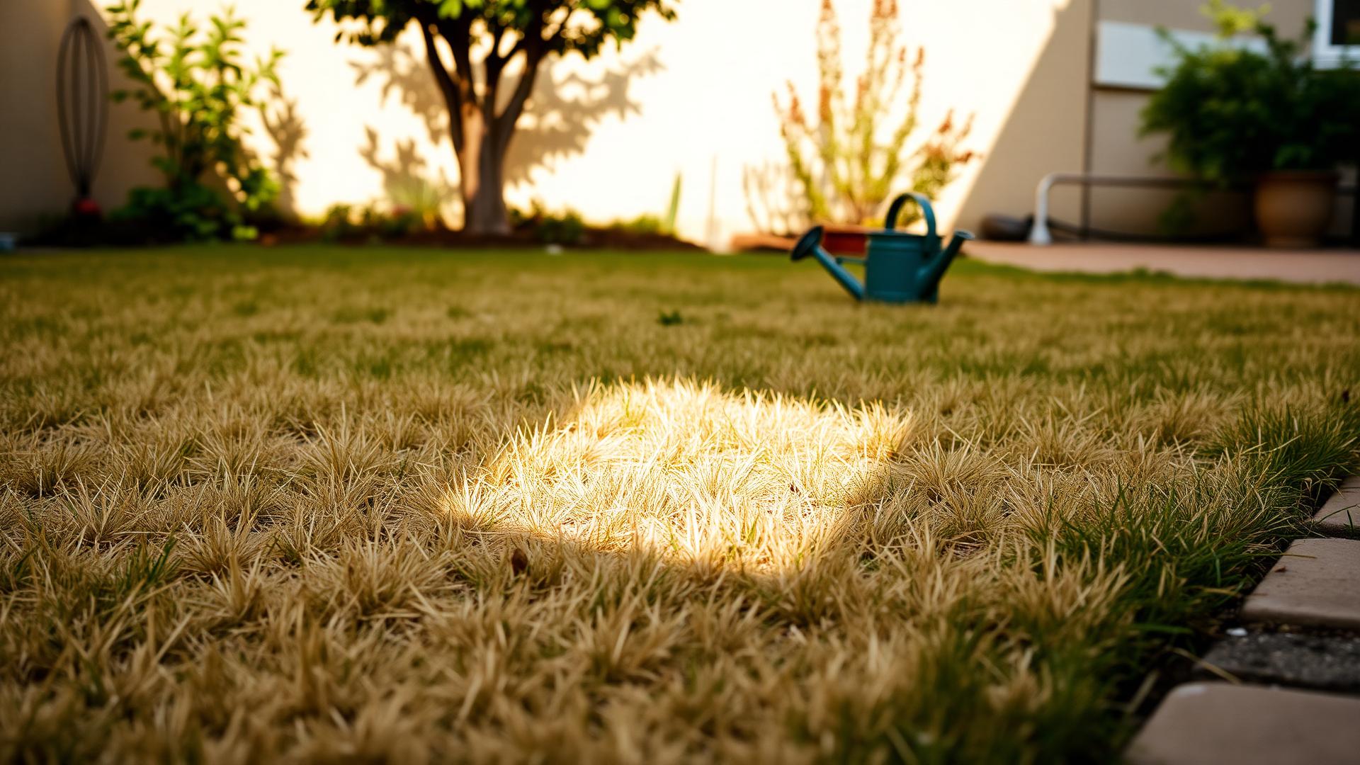 A brown, dormant summer lawn with a watering can sitting unused on a paved courtyard edge