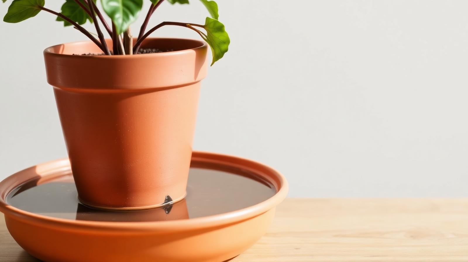 A terracotta pot standing in a shallow tray of water, soaking moisture up from below