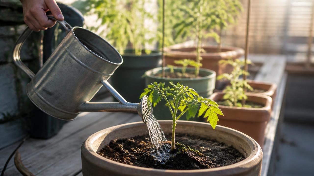 A hand holding a metal watering can over a newly planted tomato seedling in a container, with other pots queued in soft focus