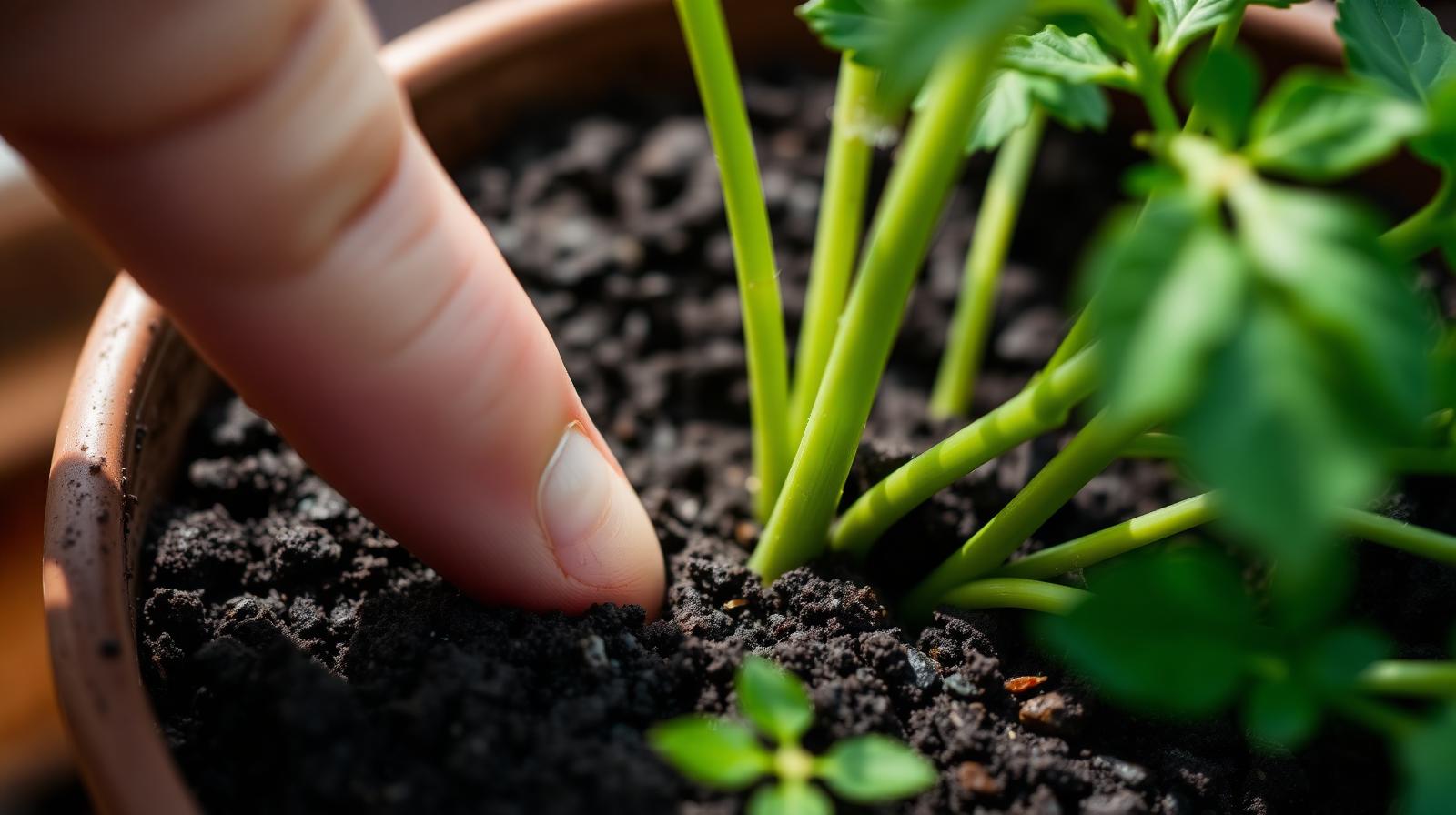 Close-up of a finger pushed into dark compost to check moisture in a potted plant