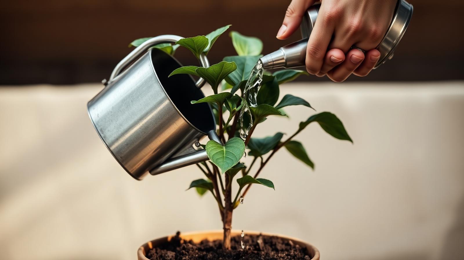 Watering a leafy potted plant at the base with a metal watering can in soft natural daylight