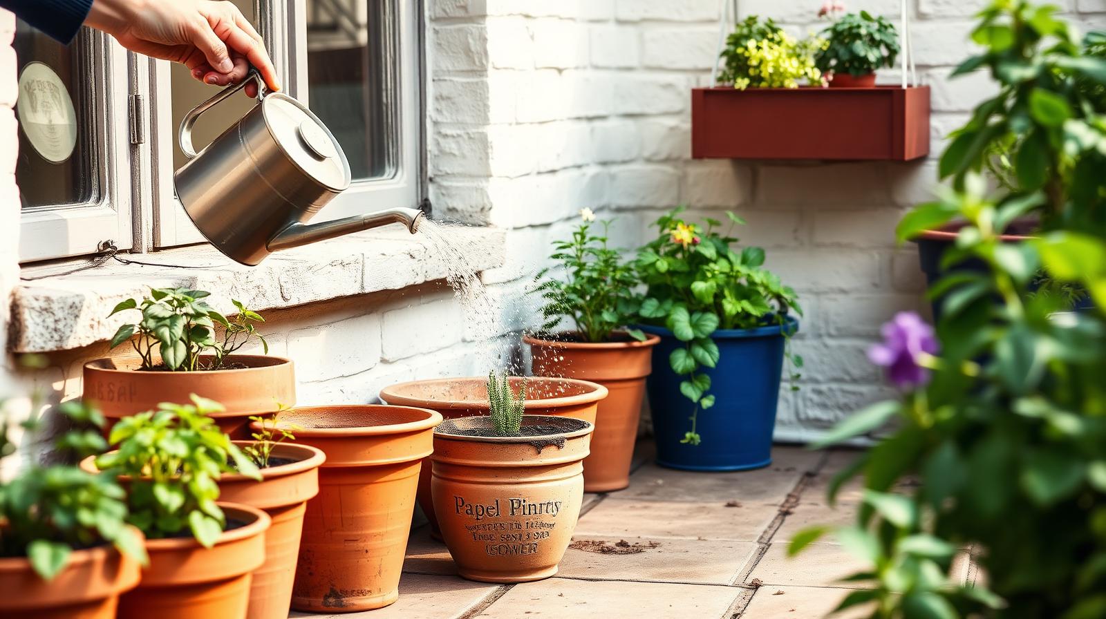 A row of outdoor terracotta pots and a window box on a courtyard patio being watered with a can