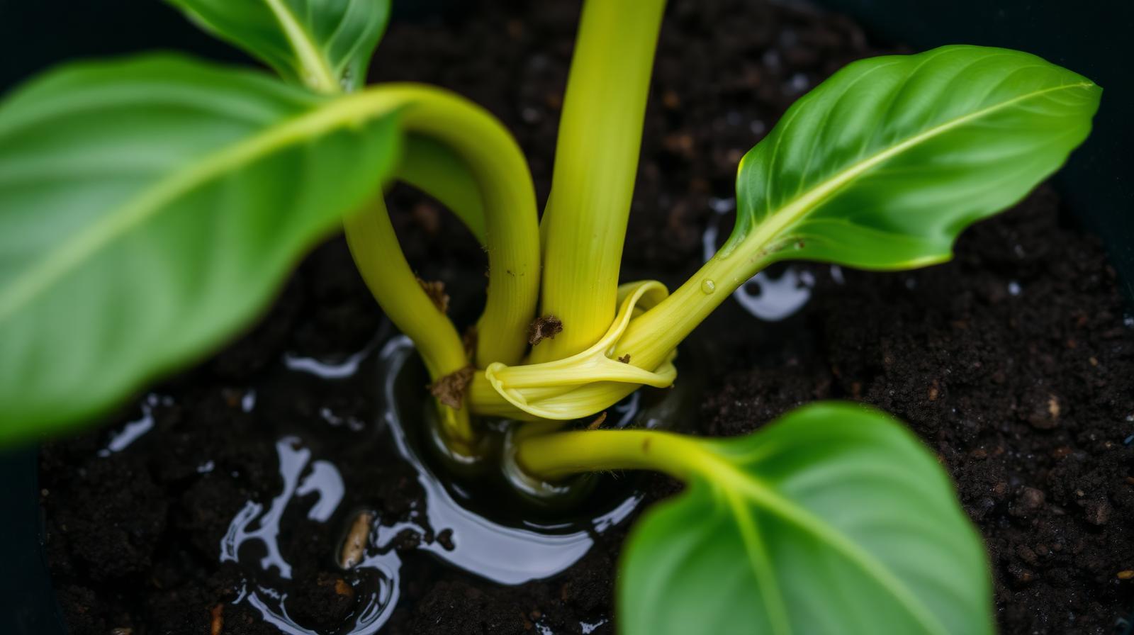 A wilting, yellowing houseplant sitting in soggy, waterlogged compost