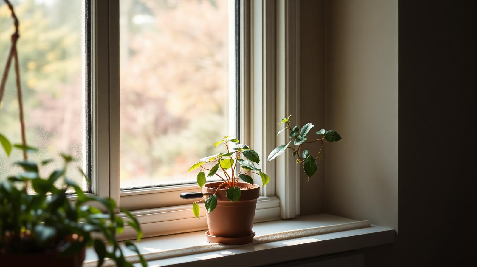 A houseplant on a windowsill in soft seasonal light through the window
