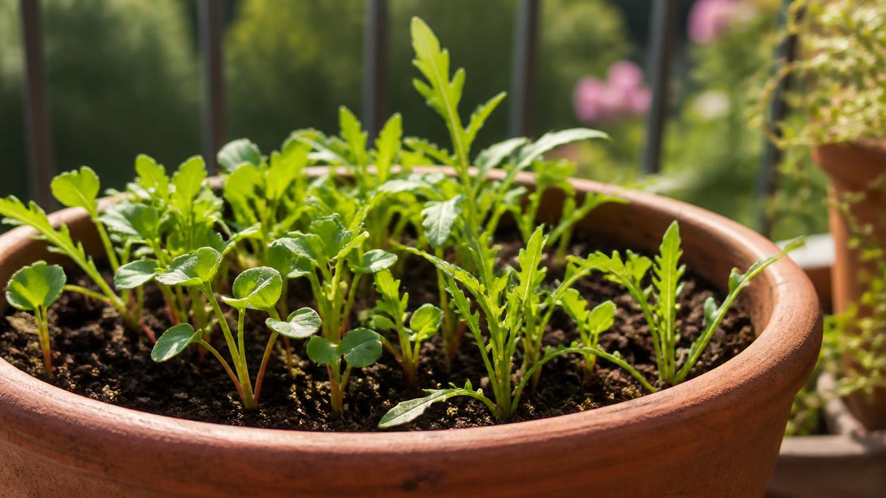 Fresh rocket and radish seedlings emerging from compost in a terracotta pot on a sunny August balcony