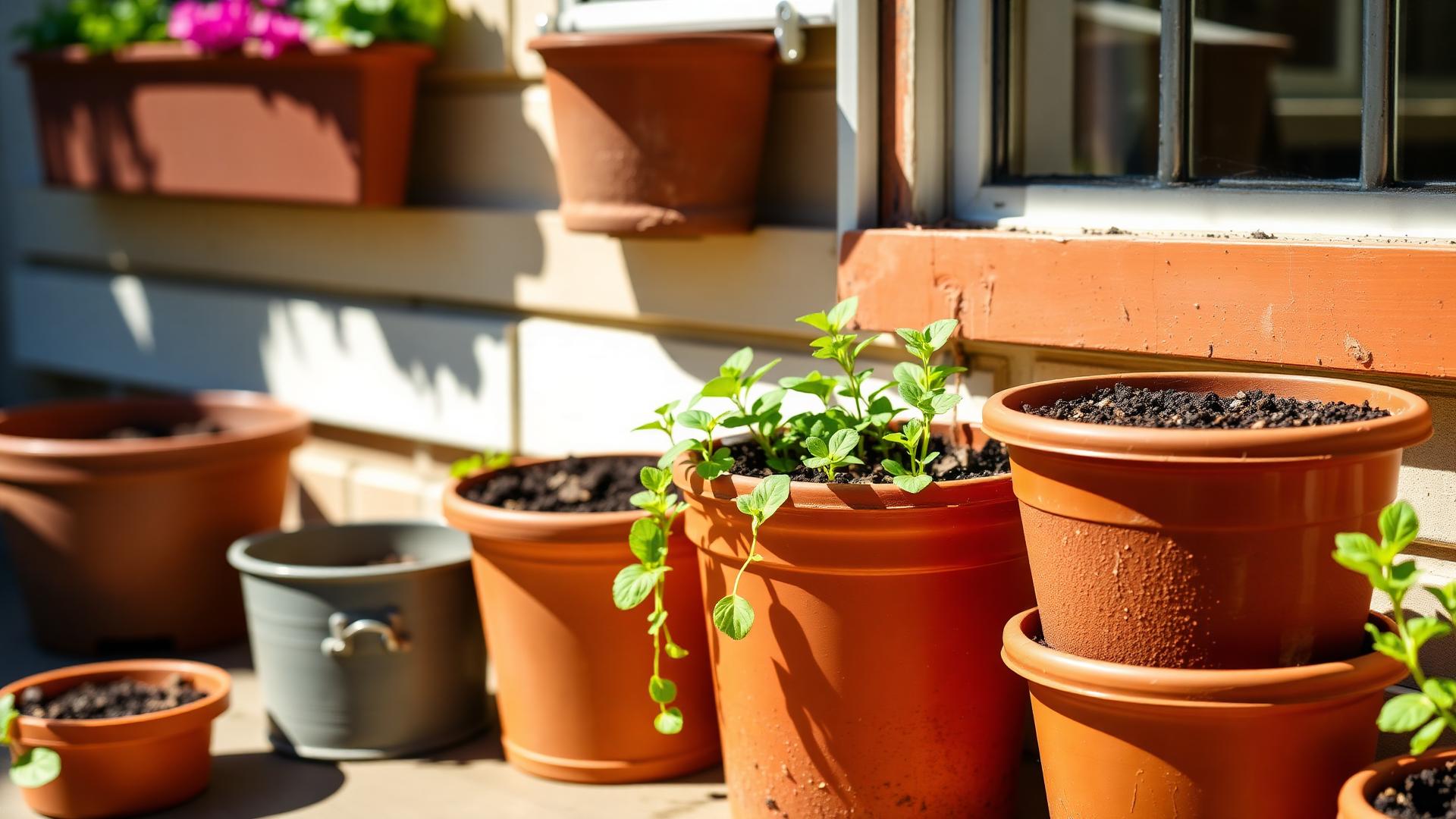 Terracotta pots and a window box with freshly sown compost and young salad seedlings in warm July light