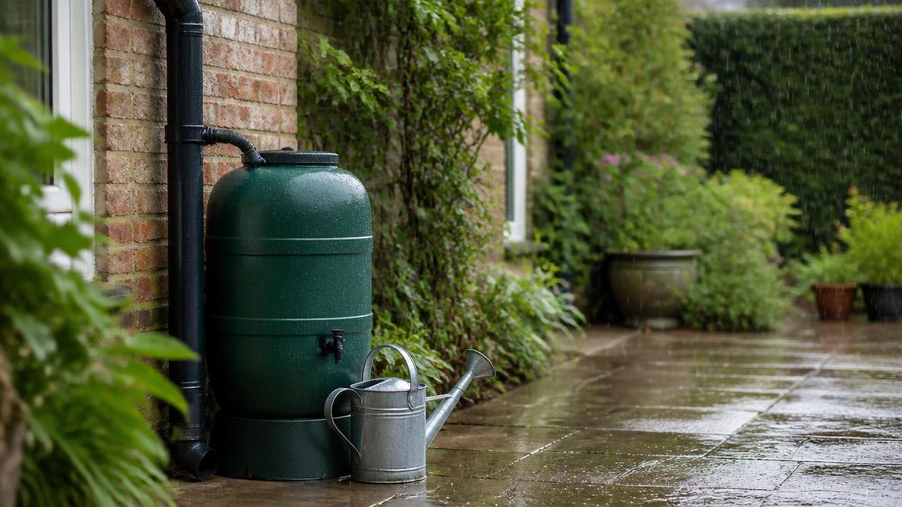 A water butt filling from a downpipe during gentle rain on a small patio, with container plants nearby