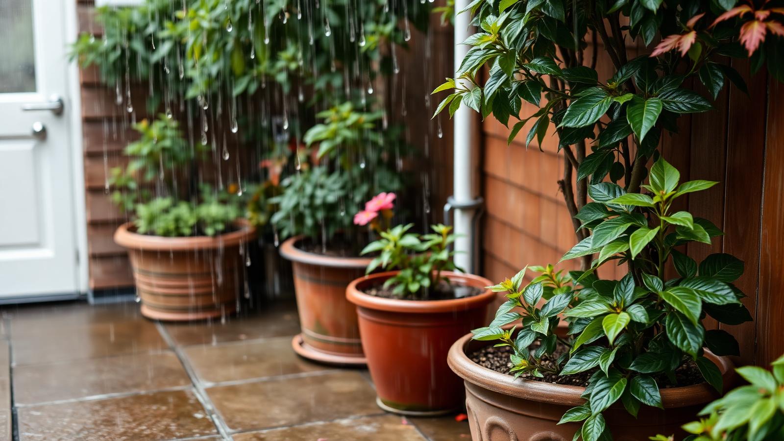 Gentle rain falling on container plants and a water butt on a small patio, droplets on leaves and wet paving
