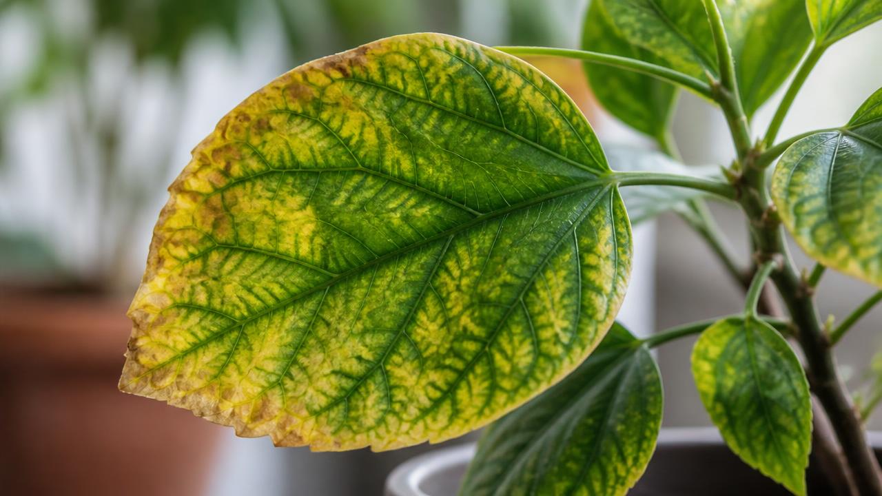 Close-up of a houseplant leaf showing yellowing edges and green veins against a blurred indoor background