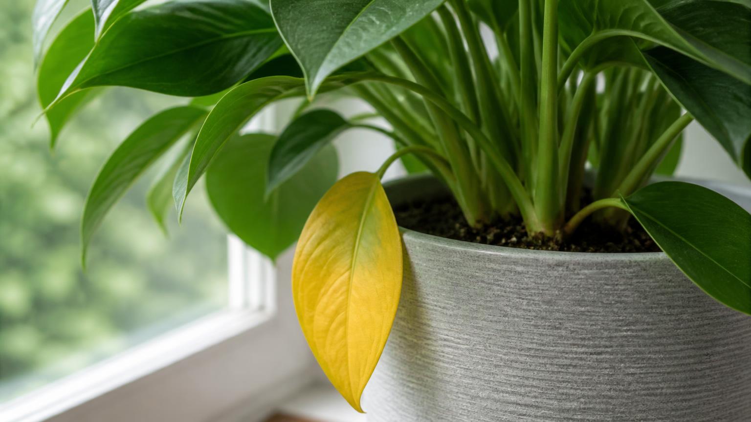 A healthy houseplant on a windowsill with a single lower leaf turned yellow against otherwise vibrant green foliage