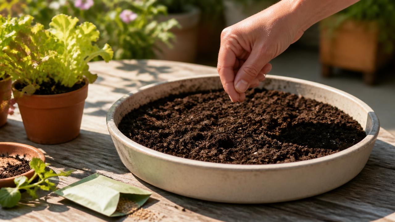 A hand sowing lettuce seed thinly into a shallow container of fresh compost on a sunny patio