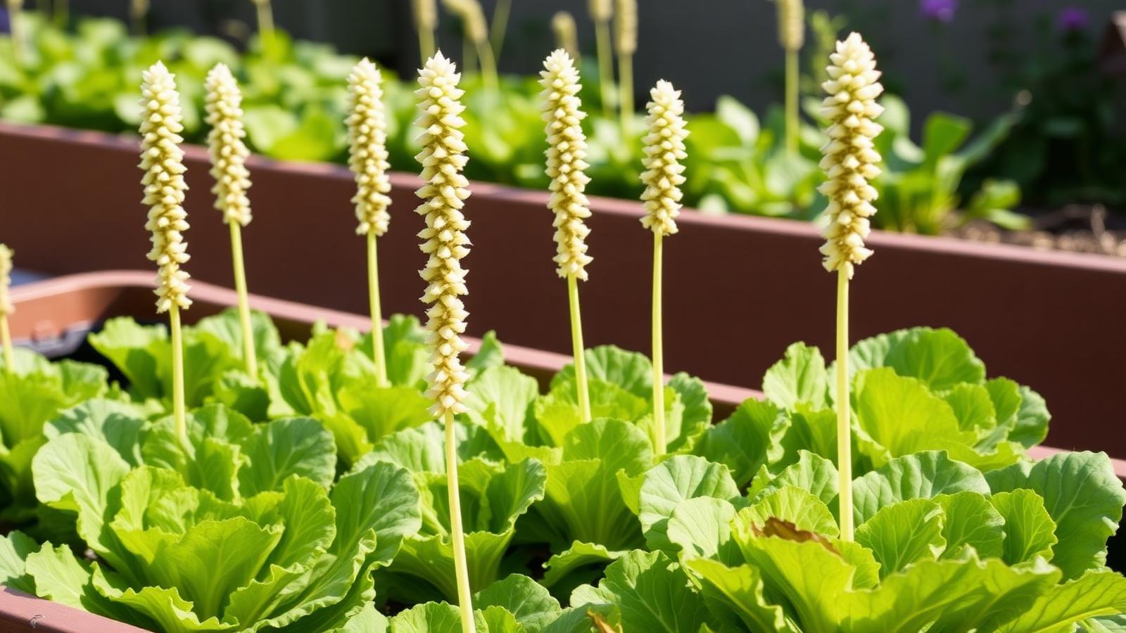 A row of lettuce plants with tall central flower stems shooting upward above the leafy rosettes in warm summer daylight