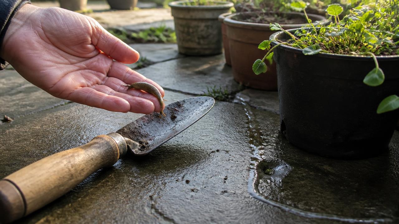 A hand picking a slug from around the base of a container plant on a damp patio evening