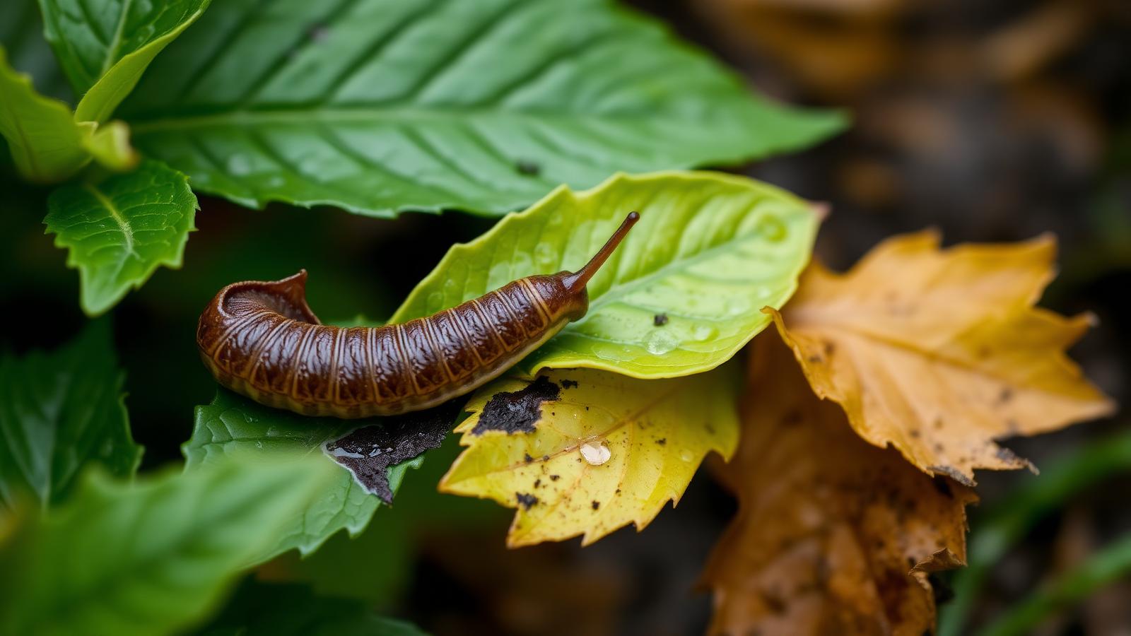 A slug on a damp leaf after rain, with ragged feeding holes visible on nearby foliage