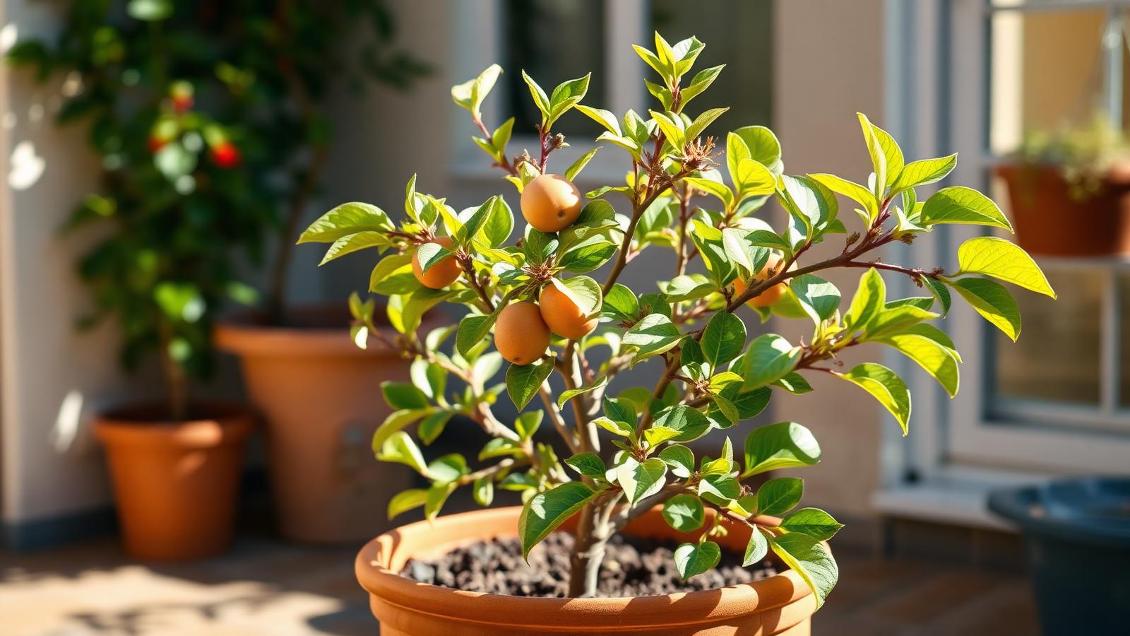 A young fruit tree in a large terracotta pot on a sunny patio during a heatwave, leaves slightly curled at the edges