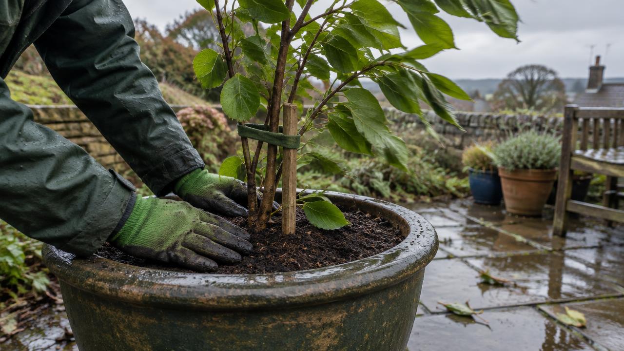 A gloved hand firming compost around a staked shrub in a pot after a storm