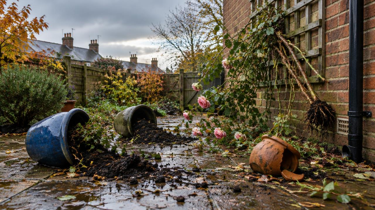 Toppled pots, spilled compost and a climber pulled away from a trellis on a small patio after a storm