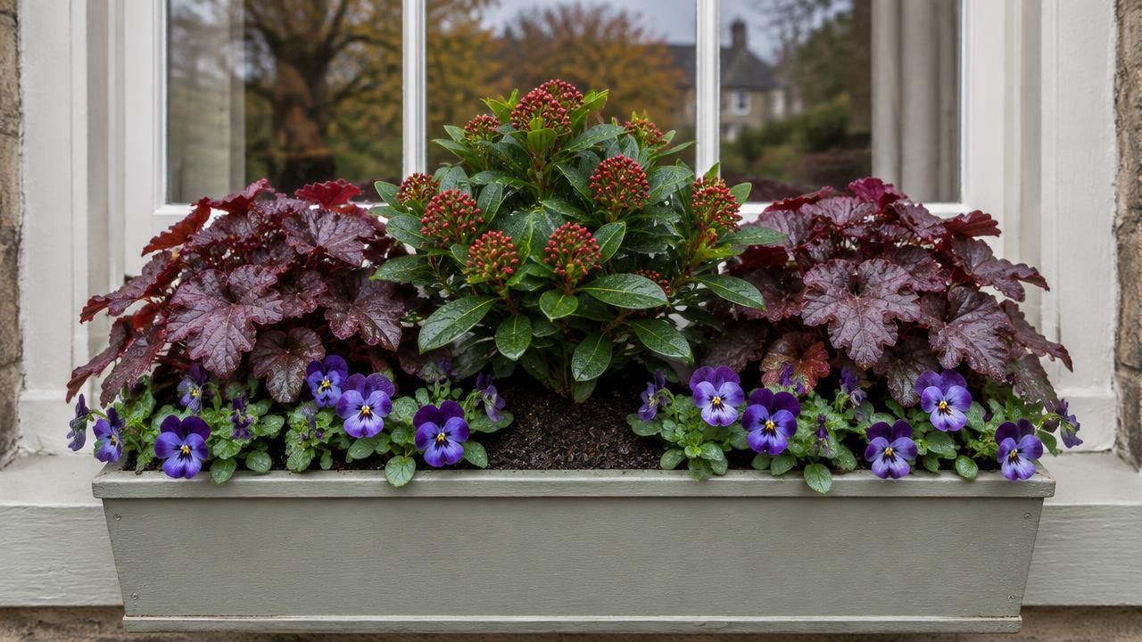 A freshly planted window box with skimmia, burgundy heuchera and purple violas on a painted sill