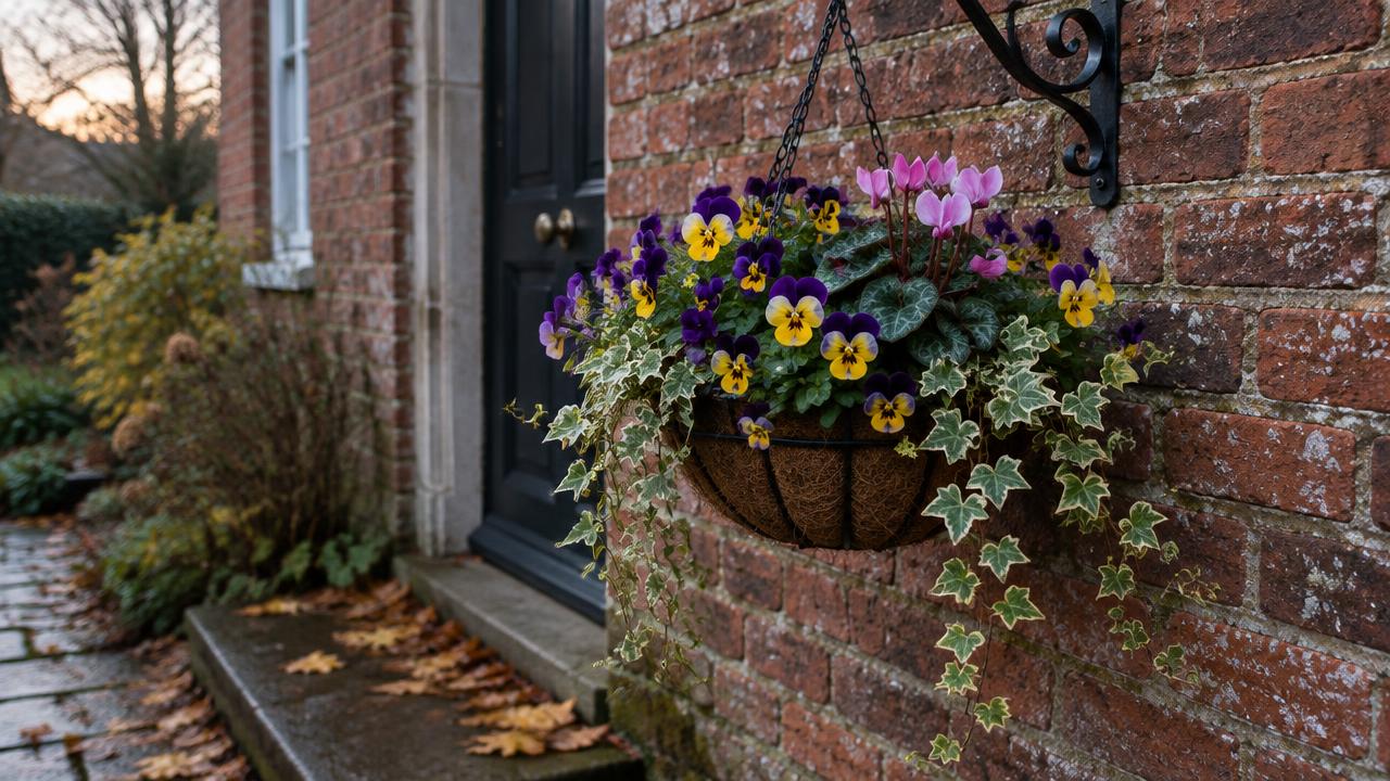 A winter hanging basket of violas, cyclamen and trailing ivy hanging beside a brick wall in late autumn light