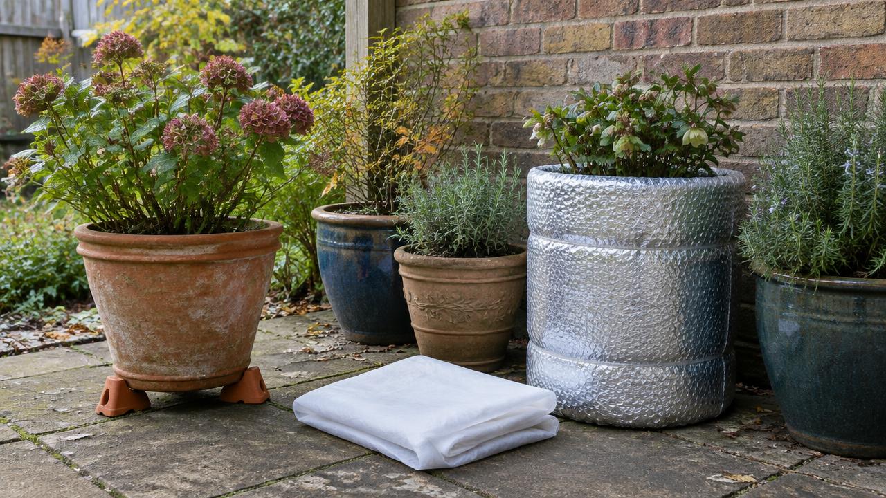 One terracotta container raised on pot feet beside grouped patio pots, with fleece ready and insulation around one vulnerable pot