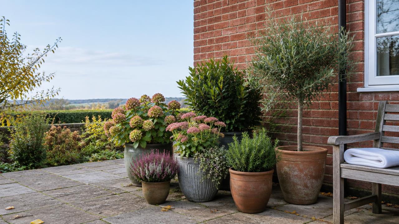 Container plants grouped beside a sheltered house wall on an autumn patio