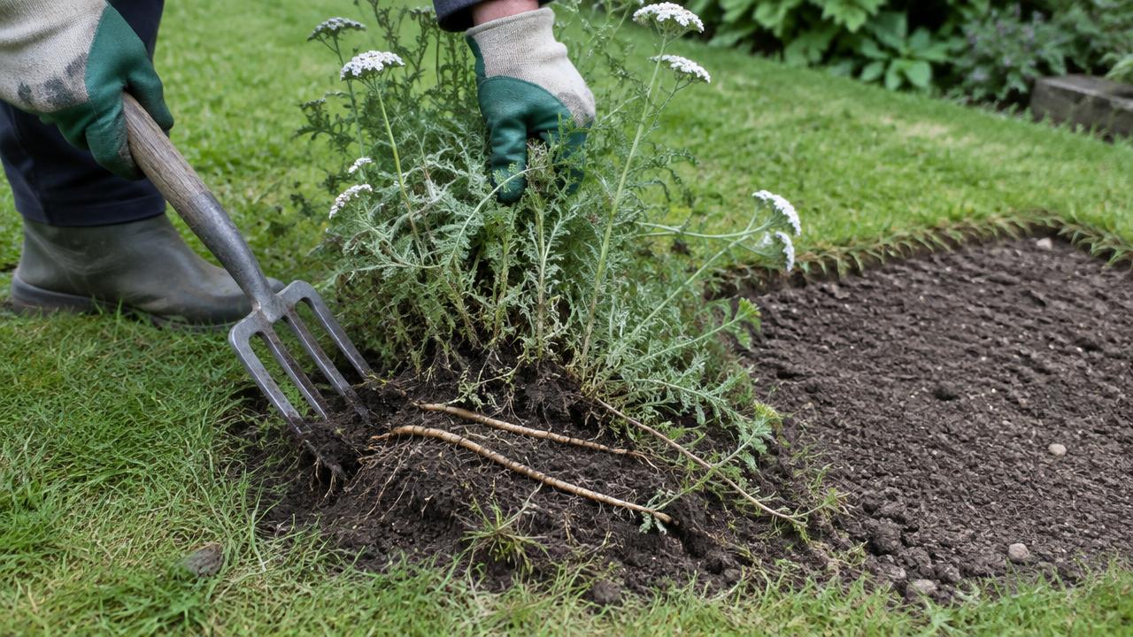 A gloved gardener lifting common yarrow from a lawn with a border fork, exposing its creeping rhizomes beside a prepared bare patch